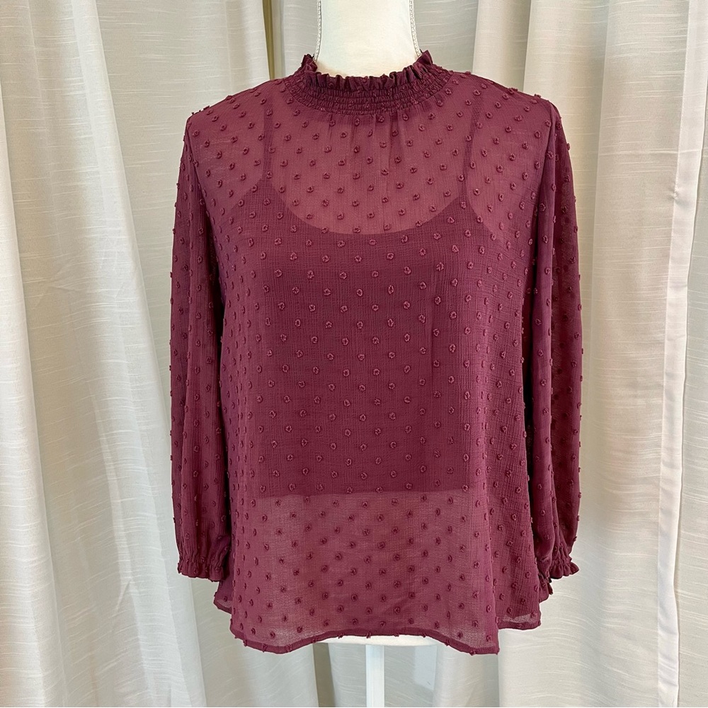 LUQ Sheer Top Maroon Long Sleeve Ruched Sleeves and Neck Cami and Top Size S